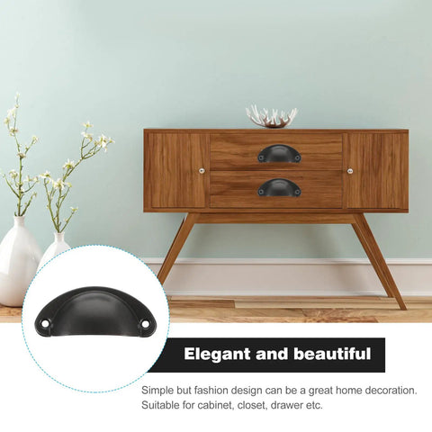 Mid-century cabinet with Vintage Iron Cabinet Pull Handles Set 12 Piece Seashell Shape Dope Look Drawer Knobs for kitchen use.