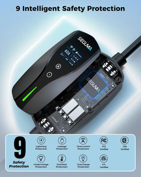 Heavy Duty 40A Level 2 Electric Vehicle Charger With Smart App Tracking For Tesla All Car Brands, showing safety features.