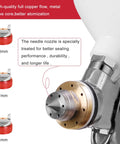 Close-up of All In One HVLP Automotive Spray Gun Kit With 3 Nozzles 1.4 mm 1.7 mm 2.0 mm 600cc Cup showing metal valve and nozzles