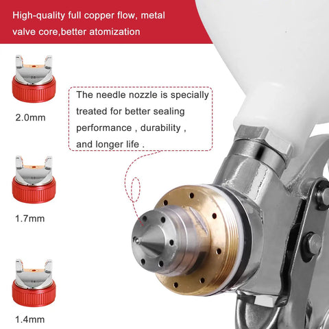 Close-up of All In One HVLP Automotive Spray Gun Kit With 3 Nozzles 1.4 mm 1.7 mm 2.0 mm 600cc Cup showing metal valve and nozzles