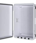 Tough As Nails Electrical Junction Box With Ventilated ABS Housing open view showcasing ribbed surface, grommets, and hinged door.