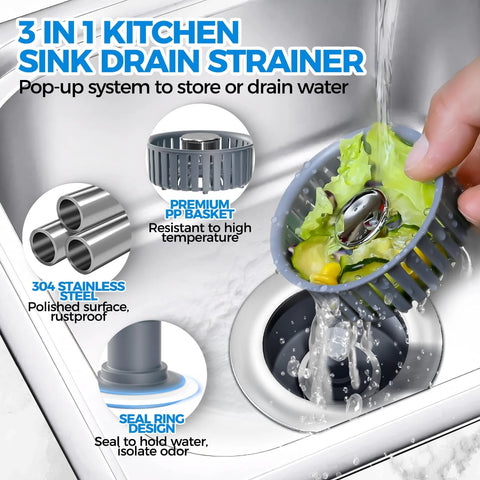 3-in-1 kitchen sink drain strainer; silver stainless steel with gray PP basket, fits 3-1/2in sink hole, Amazon