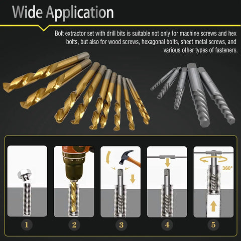 40 Piece Bolt Extractor Set With Left Hand Cobalt Drill Bits Multi Spline And Spiral Screw Extractors usage diagram