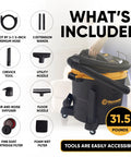 Beast Series 16 Gallon Wet/Dry Shop Vac With 6.5 HP Motor showing accessories like hose, filter, and nozzles