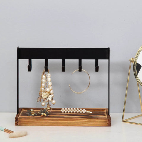 Solid Five Hook Table Key Holder With Torched Wood Base And Rustic Industrial Countertop Rack Knocks Out Clutter Keeps essentials like jewelry tidy.