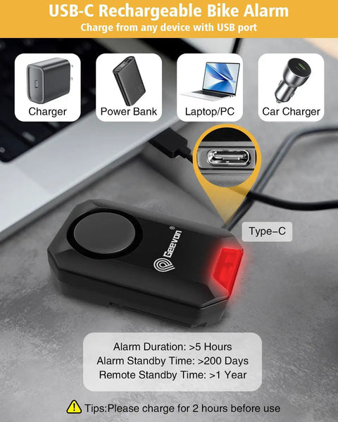 Wireless Bike Alarm With Remote For Your Ride, 135dB Anti Theft Security Alarm, USB-C charging, waterproof, easy install, multi purpose