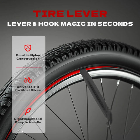 Close-up of a bicycle tire with a tire lever tool showing nylon construction and fit, used with Heavy Duty 4 Pack Bike Inner Tubes