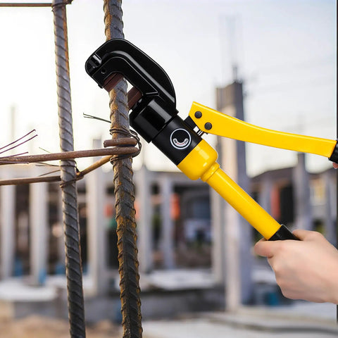 Heavy Duty 8 Ton Hydraulic Rebar Cutter For 5/8 Inch Steel Bar Manual Bolt Chain Shear Tool cutting rebar on construction site.