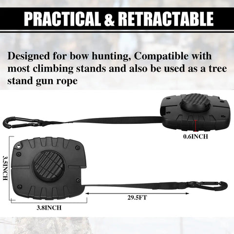 Two Pack 29.5 Ft Retractable Bow Hoist For Tree Stand Gear, Ideal For Deer Hunting And Gun Retrieval, dimensions shown