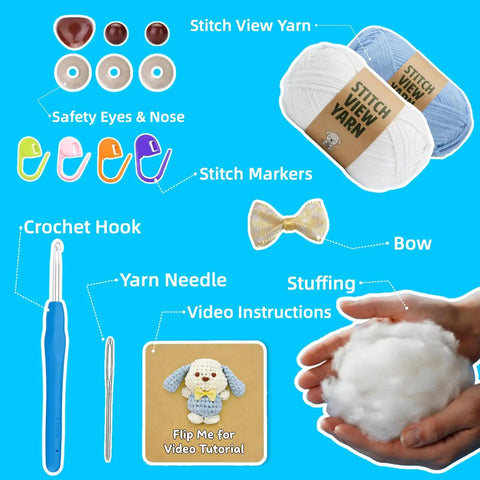 Beginner Crochet Amigurumi Kit For Puppy With Bow Tie, 5 Inch Starter Set shown with yarn, hook, eyes, stuffing, and video tutorial.