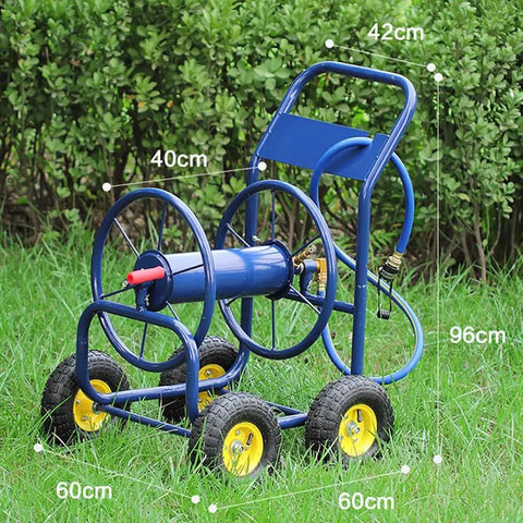 Heavy Duty Garden Hose Reel Cart With Smooth Rolling Caster Wheels, 96cm tall, durable steel, designed for outdoor use on grass.