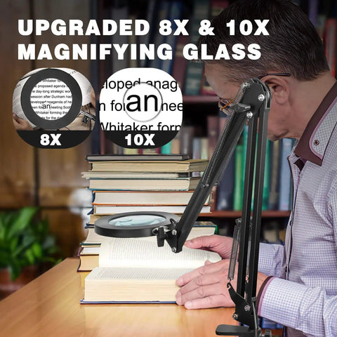 Man reading with Ultimate Crafting Desk Magnifier Lamp With Light, 8x And 10x Dual Magnification Glass, C Clamp Mount on desk