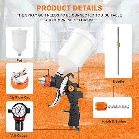 Pro Level HVLP Paint Spray Gun Kit With Live Pressure Gauge And Precision Brass Tips, featuring parts like needle and air gauge.