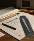 CZMOONSEE stainless steel double-sided taper gauge feeler/depth ruler on gray sheath with blueprint and wooden ruler