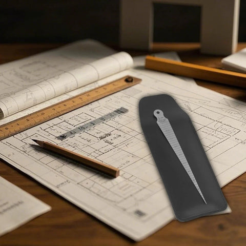 CZMOONSEE stainless steel double-sided taper gauge feeler/depth ruler on gray sheath with blueprint and wooden ruler