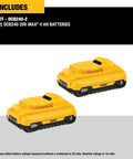 Two 20V Max 4Ah Lithium Ion Battery DCB240-2 packs for 20V power tools and chargers, showing lightweight yet powerful design.