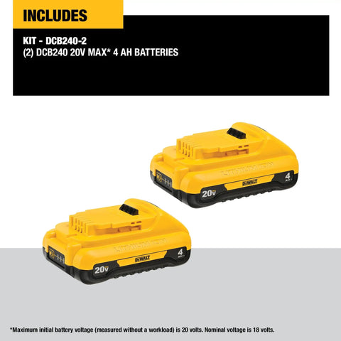 Two 20V Max 4Ah Lithium Ion Battery DCB240-2 packs for 20V power tools and chargers, showing lightweight yet powerful design.