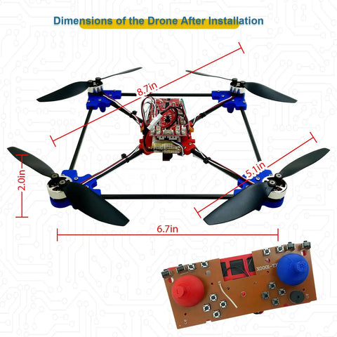 Build Your Own Dope Drone Kit With Brushless Motors And Dual Cameras, dimensions labeled, controller board visible