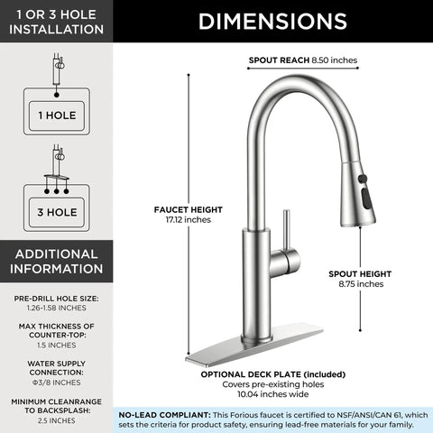 FORIOUS Kitchen Faucet with Pull Down Sprayer, High Arc, Brushed Nickel dimensions and installation details diagram.