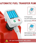 Automatic Gas Can Pump With Auto Stop Sensor showing battery compartment and on/off buttons on a red canister.