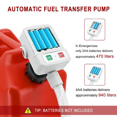 Automatic Gas Can Pump With Auto Stop Sensor showing battery compartment and on/off buttons on a red canister.