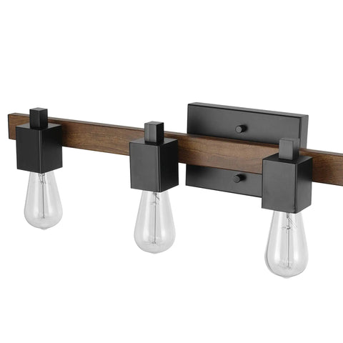 Phoenix 4-Light Vanity Light With Matte Black Finish And Dark Faux Wood Accents, front view showing open sockets.