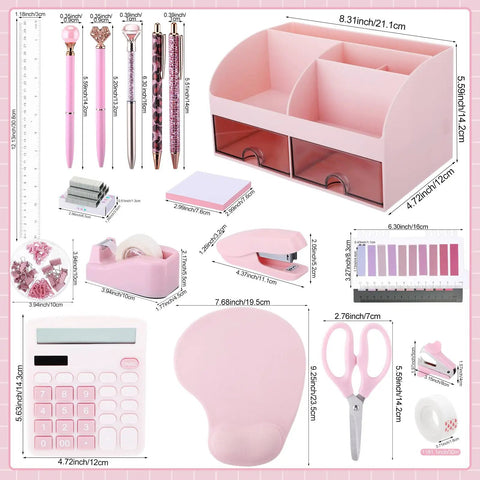 Pink Must Have Desk Organizer Set For Women, 14 In 1 Office Essentials Kit with calculator, stapler, scissors, and more