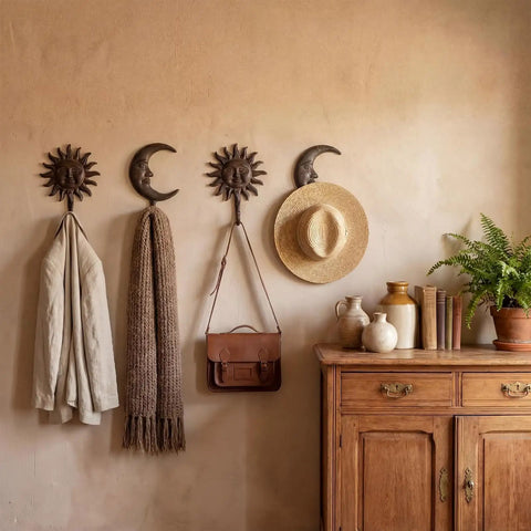 Solid As A Rock Vintage Cast Iron Sun Moon Wall Hooks Heavy Duty Decorative Hanging Hangers For Coats Scarves Bags Towels Keys real deal storage upgrade with jackets, scarves, and bags.
