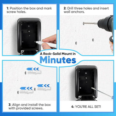 Step-by-step installation of Wall Mount Key Lock Box With 12 Digit Resettable Code Weatherproof Outdoor Key Safe For Home Office Garage Real Estate Large Capacity Built Tough Metal Code Lock With Mounting Hardware.