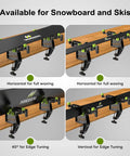Heavy Duty Ski Snowboard Vise Set For Tuning And Waxing, Adjustable And Stable, shown in horizontal and vertical positions
