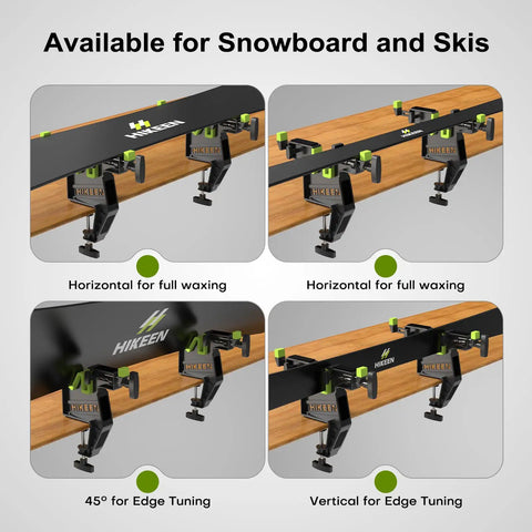 Heavy Duty Ski Snowboard Vise Set For Tuning And Waxing, Adjustable And Stable, shown in horizontal and vertical positions