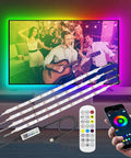 Vivid RGB IC LED Strip Lights with app and remote control, USB-powered, waterproof, four pre-cut strips behind TV for vibrant ambiance