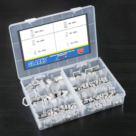 160 Piece Aluminum Alloy Flat Head Rivet Nut Kit M3 M4 M5 M6 M8 M10 Threaded Nutserts Rivet Nuts in plastic case