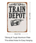 Train Depot Aluminum Wall Decor 12x8 Inch sign with pointing hand, strong metal, easy hang pre-drilled holes shown.