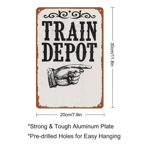 Train Depot Aluminum Wall Decor 12x8 Inch sign with pointing hand, strong metal, easy hang pre-drilled holes shown.