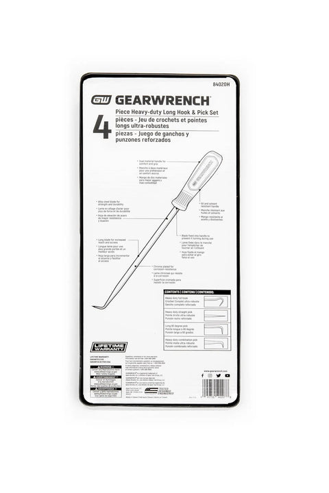 Packaging of Heavy Duty Long Hook And Pick Set 4 Piece With Pro Grade Ergonomic Tri Lobed Dual Material Handles Long Reach Picks