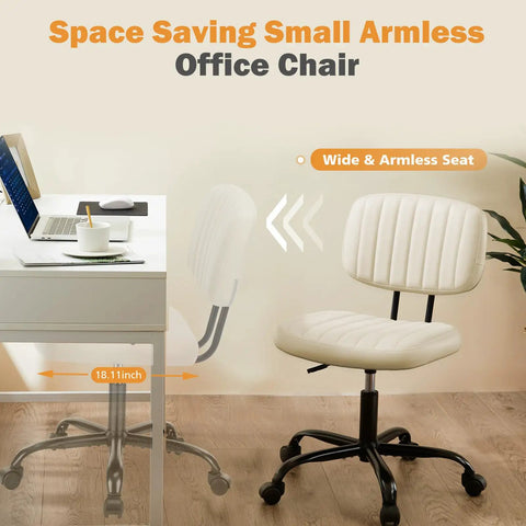 Small Armless Office Desk Chair With Comfy PU Leather Cushioned Seat And Lumbar Support next to desk