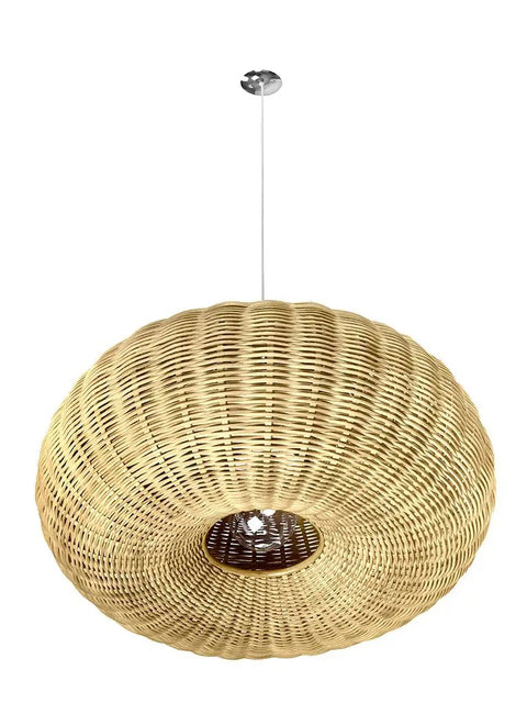 Handwoven Wicker Donut Pendant Lamp In Natural Brown 23 Inch Diameter Ceiling Light With Adjustable Cord Up To 71 Inches