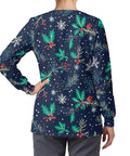 Back view of Christmas Holly Womens Snap Front Scrub Jacket in stretch fabric with festive holly print, long sleeves, worn by a woman