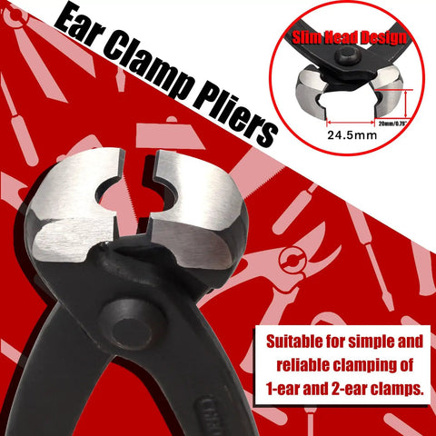 9 Inch Ear Clamp Pliers With Front And Side Jaw For Pinching 1 Or 2 Ear Clamps On CV Boots Hoses Fuel And Coolant Lines In Air Systems And Compressors Drop Forged Chrome Vanadium Steel Durable Workhorse Tool, slim head design, 24.5mm