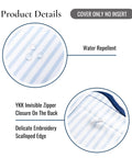 Close-up of Coastal Patio Lumbar Pillow Cover 12x20 Inches Water Repellent Scalloped Edge showing baby blue stripe fabric with invisible zipper.