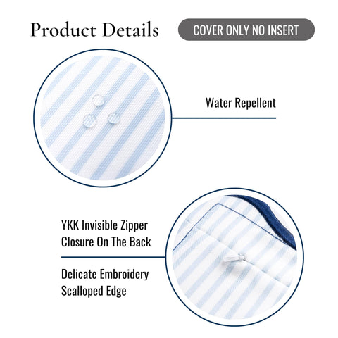Close-up of Coastal Patio Lumbar Pillow Cover 12x20 Inches Water Repellent Scalloped Edge showing baby blue stripe fabric with invisible zipper.