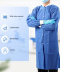 Disposable Lab Coat For Adults Knee Length With Knit Cuffs And Collar, SMS Nonwoven Medical Jacket, Fluid Resistant And Breathable, Blue