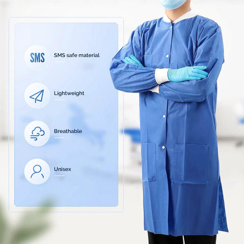 Disposable Lab Coat For Adults Knee Length With Knit Cuffs And Collar, SMS Nonwoven Medical Jacket, Fluid Resistant And Breathable, Blue