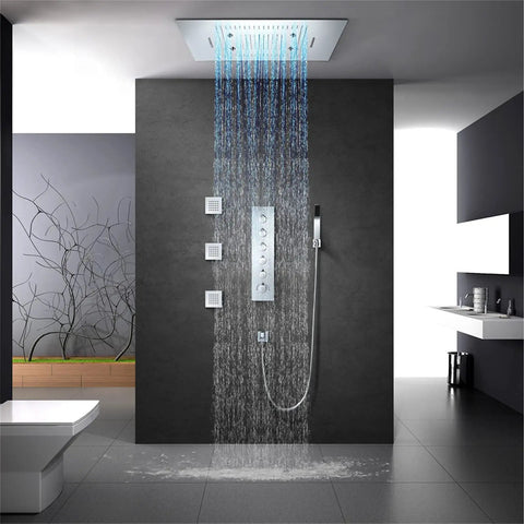 Top Tier Led Thermostatic Shower System With 60X80Cm Shower Panel Rainfall Waterfall And Mist Functions with body jets and handheld sprayer.