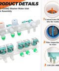 Upgraded Water Inlet Valve Assembly For Washing Machines DIY Friendly 2 Port 0.91 Inch Fittings 110 120V Hot And Cold Lines Replaces 3276197 AP5623056 PS4220861 EAP4220861 Compatible With Samsung Washers 5 Year Warranty Beaquicy. close-up washer water inlet valve assembly with 2 ports and mesh filter, 110/120V