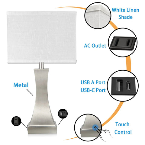 3 Way Dimmable Table Lamp With Touch Control For Bedside Or Desk, Built In USB A And USB C Ports Plus Outlet, 21.6 Inch Tall Nightstand