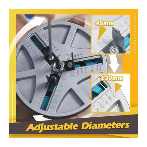 Hand adjusting Adjustable Hole Saw Kit 45 To 130mm For Power Cordless Drill showing 45mm and 130mm settings.