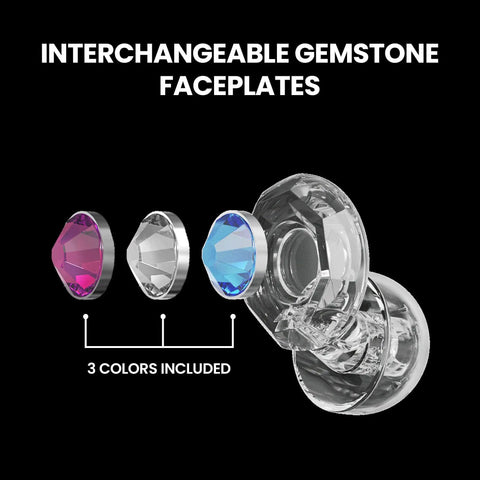Customizable Gemstone Earplugs with 21 dB Noise Reduction featuring three interchangeable colored faceplates