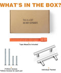 Five Pack Polished Chrome Round T Bar Cabinet Pulls, 4 Inch Total Length, 2-1/2 Inch Hole Centers, with screws and tape measure